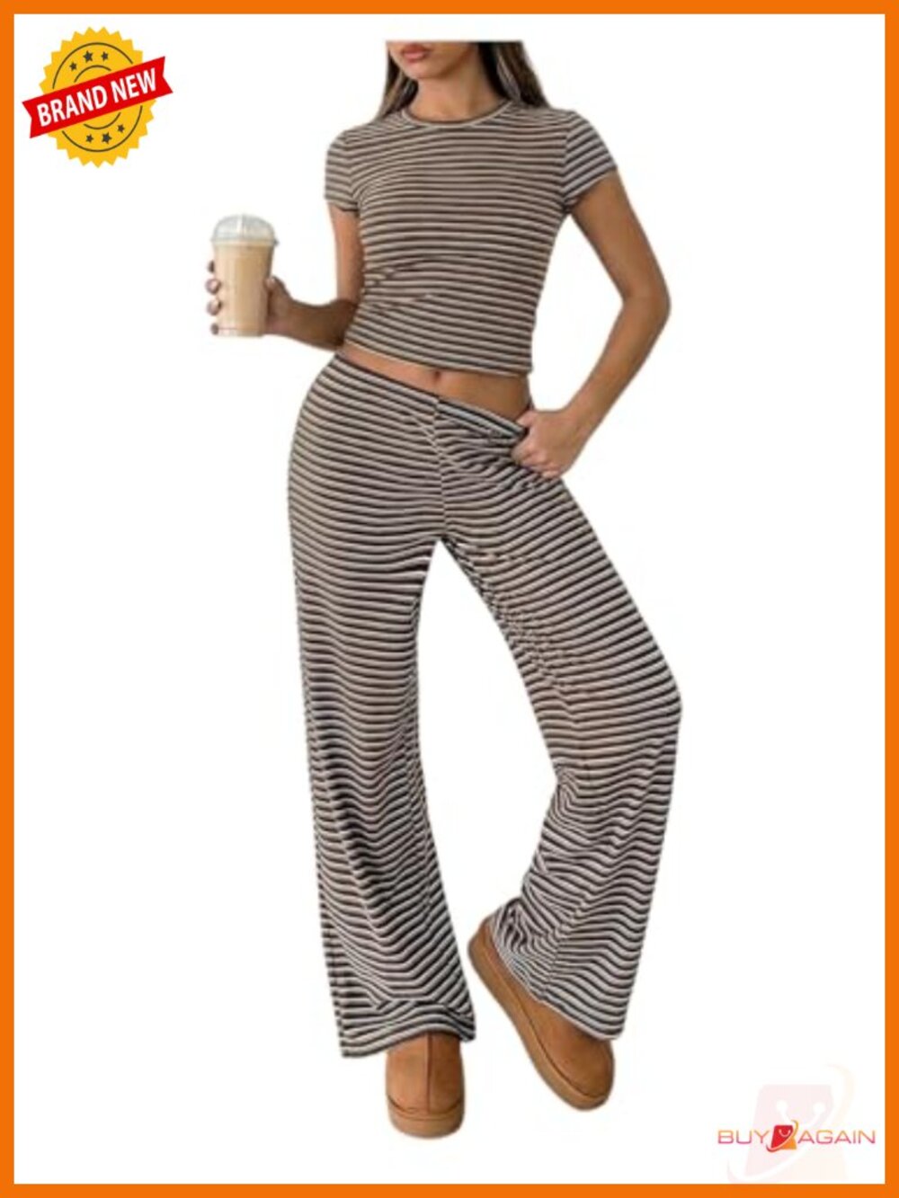 2 Piece Striped Lounge Set Fitted T Shirt Straight Leg Pants Matching Set